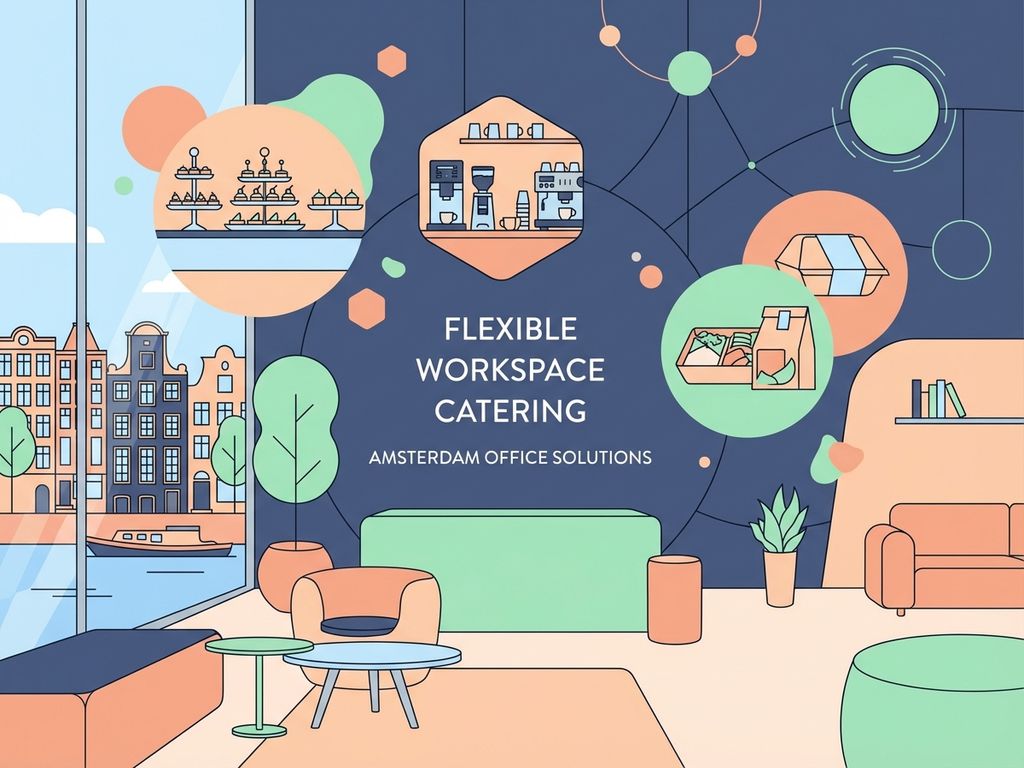 Moderne kantoorruimte met elegante catering stations, koffieservice en geometrische lunch arrangementen in navy en perzik