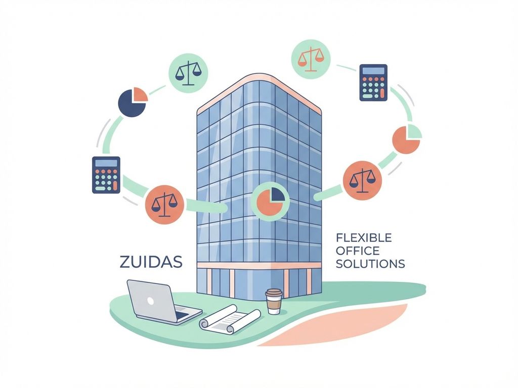 Moderne glazen kantoorgebouw in Amsterdam Zuidas met zwevende boekhoudingssymbolen in navy, koraal en mint tinten