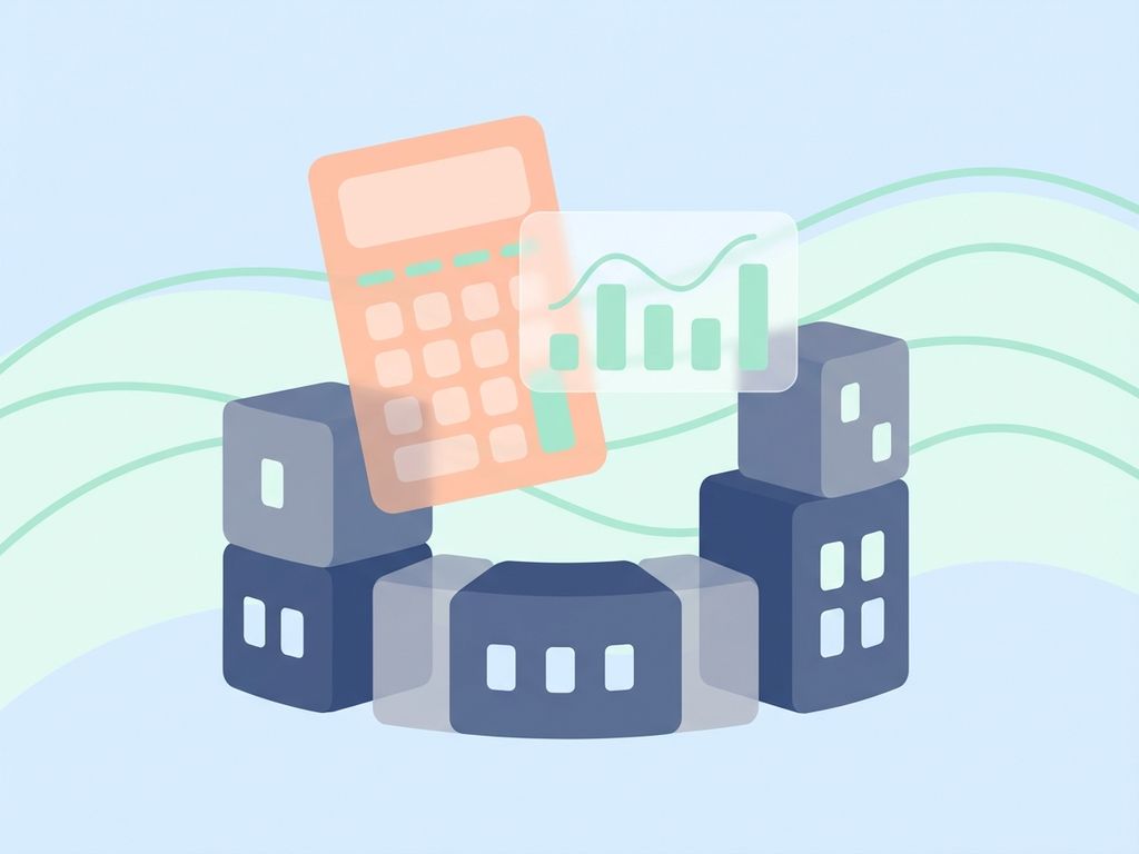 Rekenmachine en kostenoptimalisatie grafiek zwevend boven gestileerde kantoorgebouwen in zachte geometrische vormen
