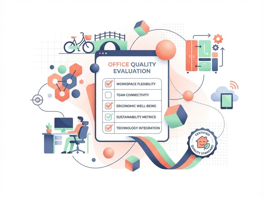 Moderne evaluatiechecklist met zwevende geometrische vormen in navy, koraal en mint voor kantoor kwaliteitsmetingen