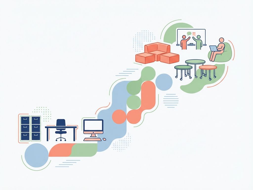 Moderne illustratie van werkplektransitie: traditionele kantoormeubels evolueren naar flexibele, modulaire werkruimtes