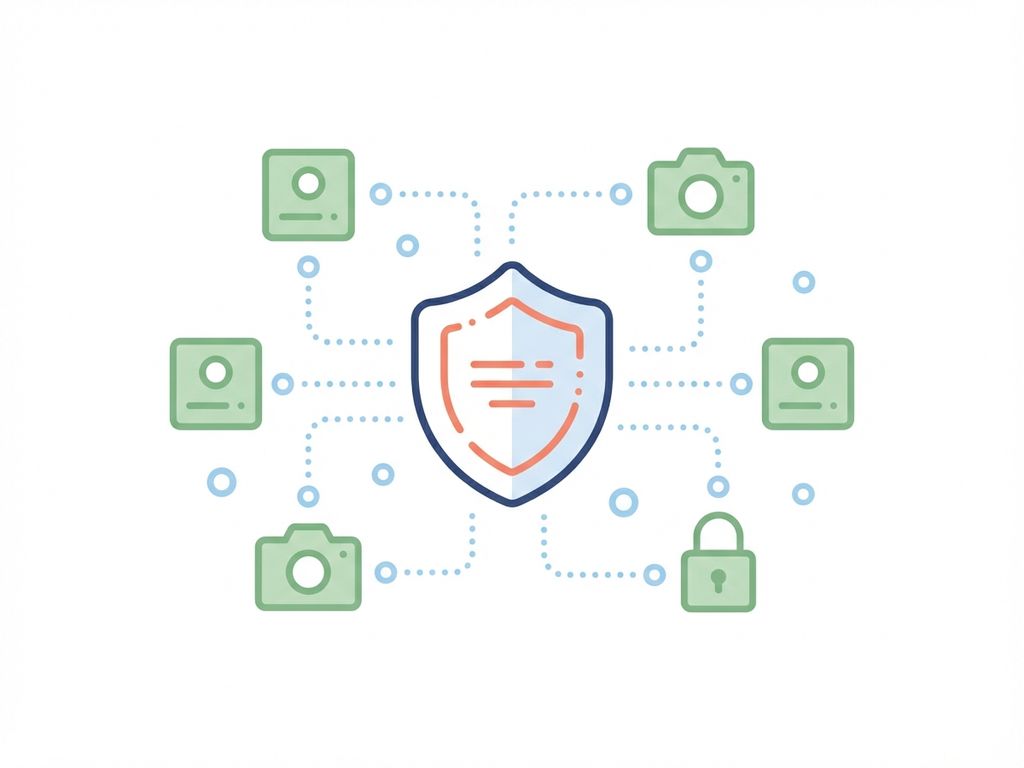 Digitaal veiligheidspictogram met kantoorbeveiliging: sleutelkaart, camera's en sloten in navy, koraal en groen