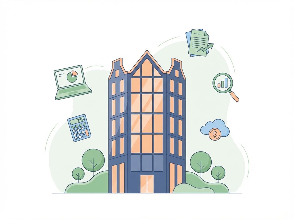 Modern glazen kantoorgebouw met Amsterdam-stijl architectuur, omringd door zwevende laptops en financiële symbolen