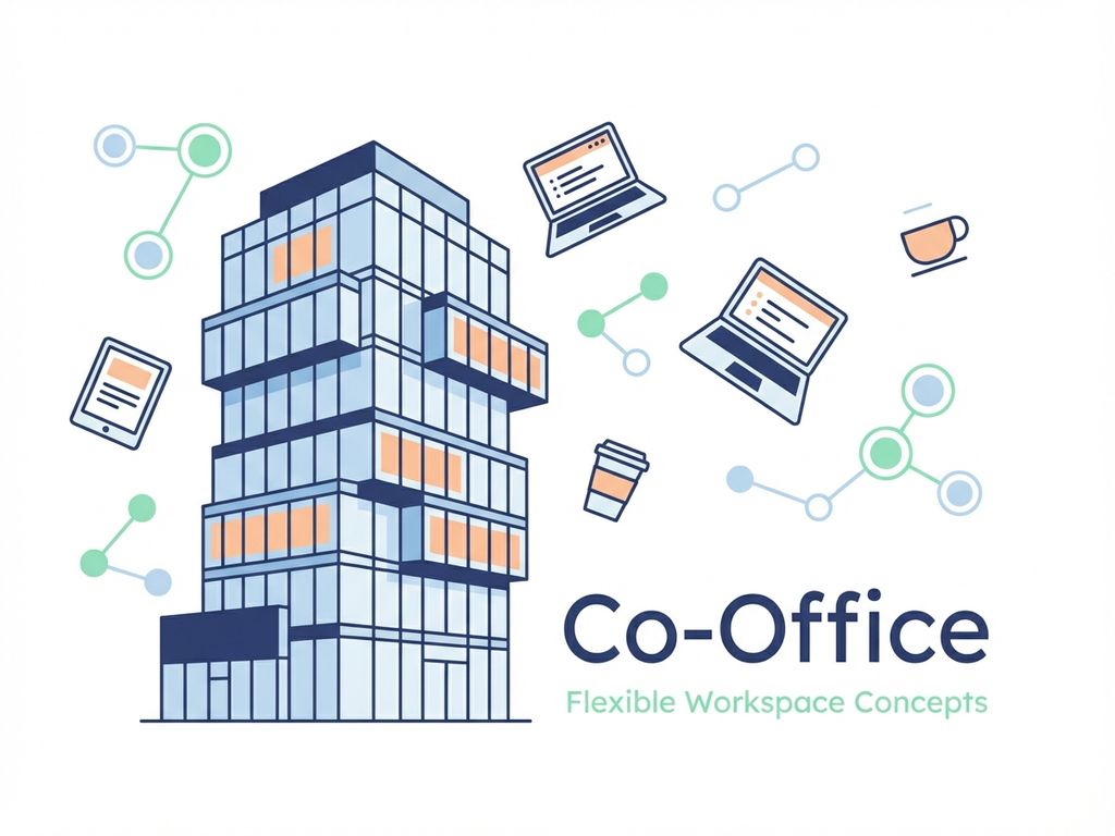 Minimalistisch glazen kantoorgebouw in Amsterdam stijl met zwevende laptops, koffiekopjes en werkruimte symbolen