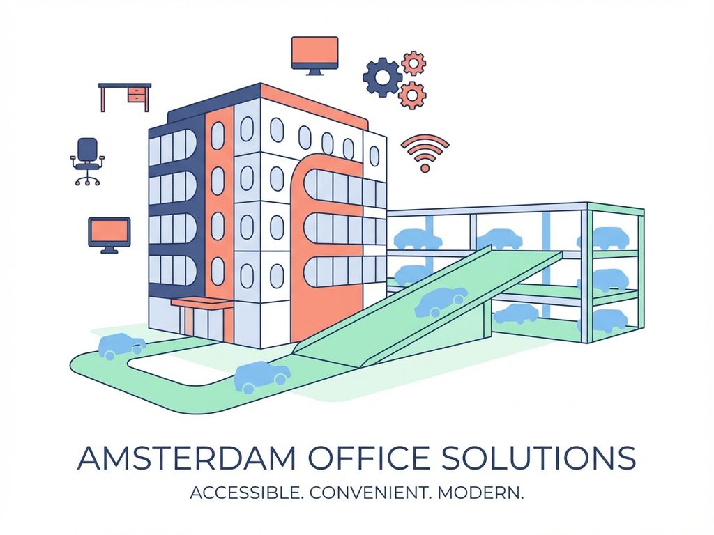 Modern kantoorgebouw met parkeergarage in Amsterdam, navy blauw en koraal accenten, werkplek iconen, mint groene parkeerplaatsen