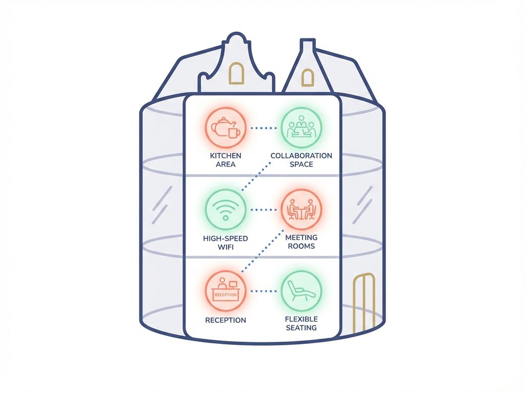 Moderne kantoorgebouw doorsnede met verlichte werkruimte-iconen: vergaderruimtes, wifi, keuken en flexibele zitplaatsen