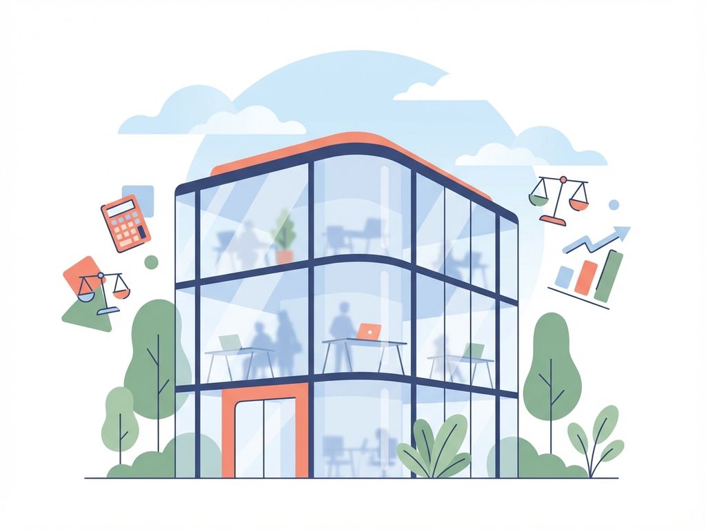 Modern glazen kantoorgebouw in Amsterdam Zuidas met zwevende boekhoud symbolen en werkplekken zichtbaar door ramen