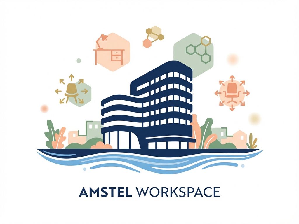 Modern kantoorgebouw aan de Amstel met zwevende werkplek iconen in navy, perzik en saliegroen tinten