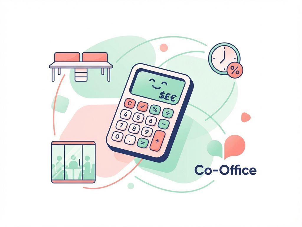 Calculator met kantoorpictogrammen en kostensymbolen in moderne illustratie voor flexibele werkruimte berekening