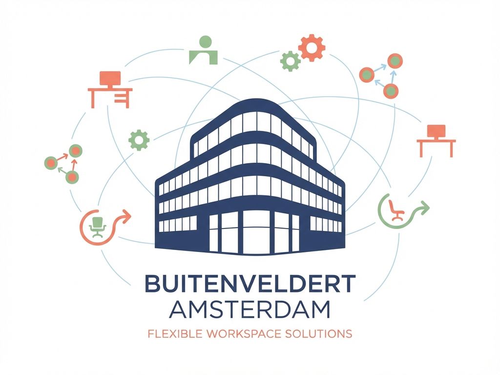 Modern kantoorgebouw silhouet in Amsterdam Buitenveldert met zwevende werkplek iconen in navy, koraal en groentinten