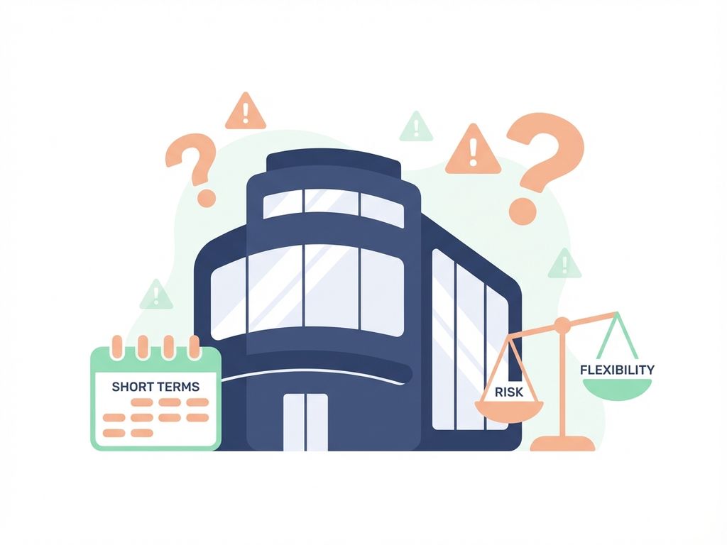 Modern kantoorgebouw met waarschuwingssymbolen en vraagtekens die huurrisico's van flexibele werkruimtes illustreren