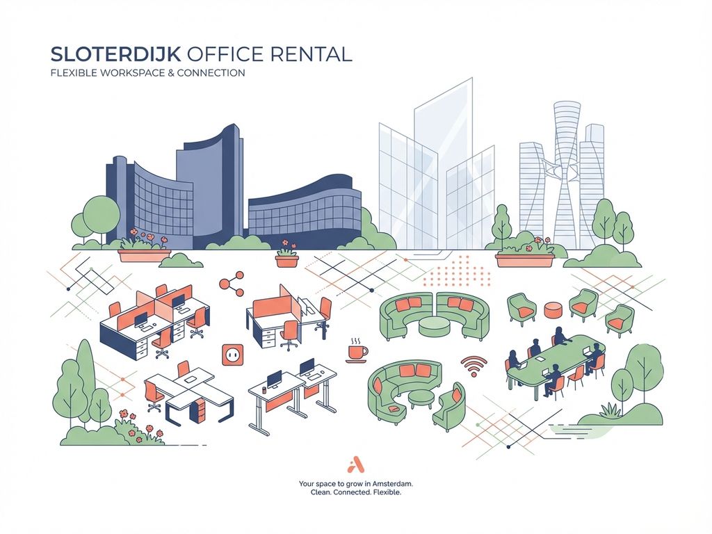 Moderne Sloterdijk kantoorverhuur illustratie met glazen gebouwen, flexibele werkplekken en coworking zones in Amsterdam