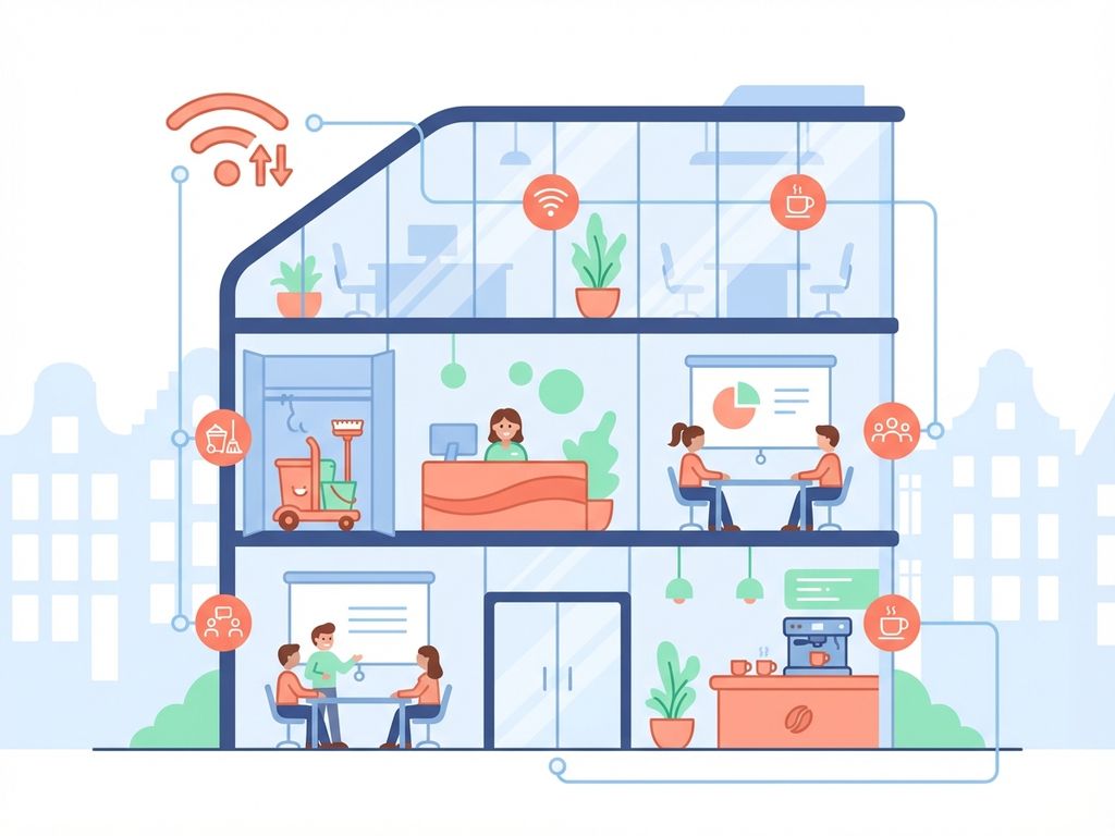 Moderne kantoorgebouw doorsnede met werkplekservices: wifi, schoonmaak, receptie, vergaderruimtes en koffiestation