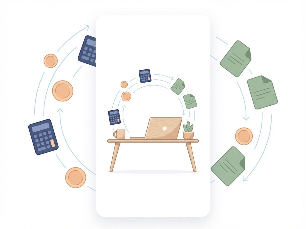 Moderne werkruimte met zwevende geometrische dynamicen voor kostenberekening: calculator, munten en documenten in zachte kleuren