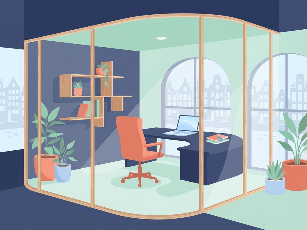 Modern privékantoor met glazen wanden, ergonomische meubels in marineblauw en koraal, Amsterdam skyline zichtbaar