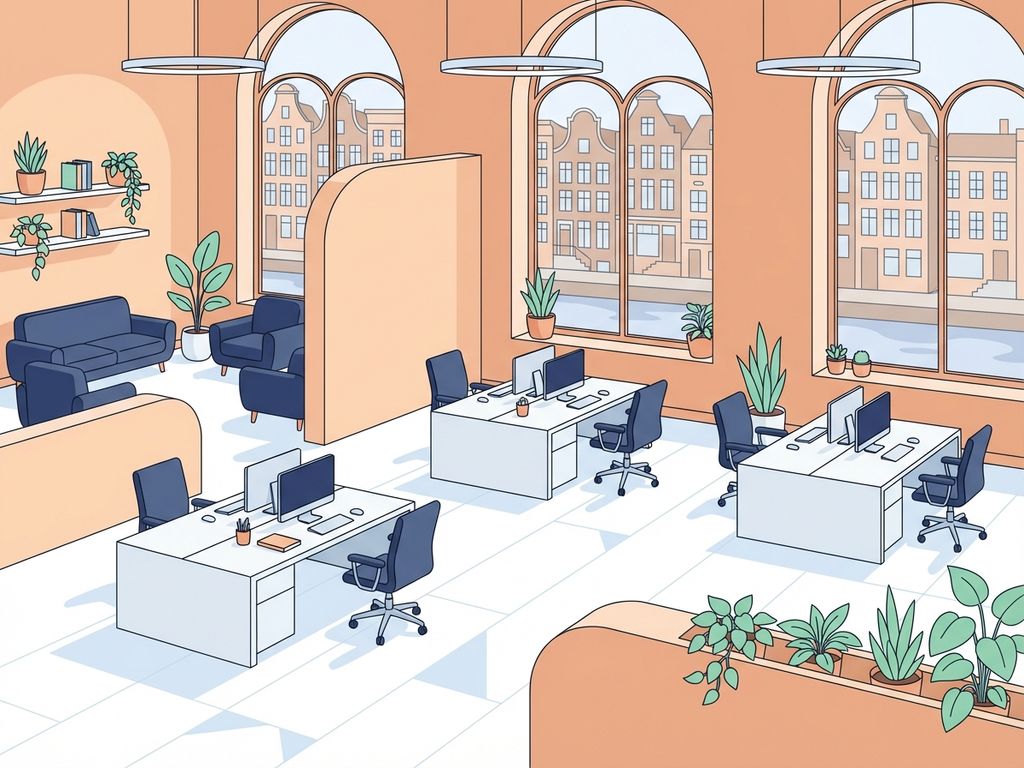 Moderne kantoorruimte met 5 werkplekken, grote ramen met uitzicht op Amsterdamse grachten en minimalistische inrichting