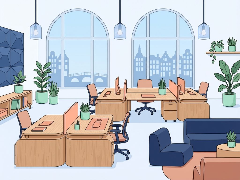 Moderne open kantoorruimte voor 20 personen met collaboratieve werkplekken en Amsterdam skyline door grote ramen