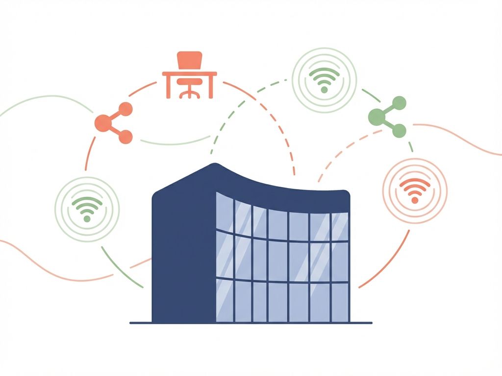 Moderne kantoorgebouw silhouet met zwevende werkplek iconen, wifi symbolen en verbindingslijnen in navy, koraal en groen