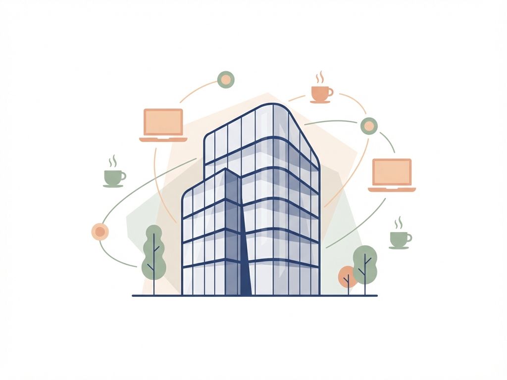 Moderne glazen kantoorgebouw met minimalistische architectuur, omringd door laptops en werkplekdynamicen in navy, perzik en groen