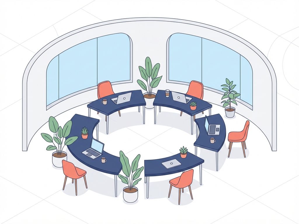 Moderne kantoorindeling met vier werkplekken, navy bureaus, koraal stoelen en groene planten in minimalistisch ontwerp