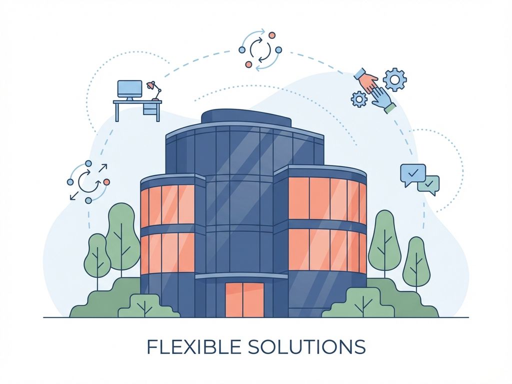 Modern glazen kantoorgebouw in Amsterdam met zwevende bureauiconen en samenwerkingssymbolen in navy, koraal en groen