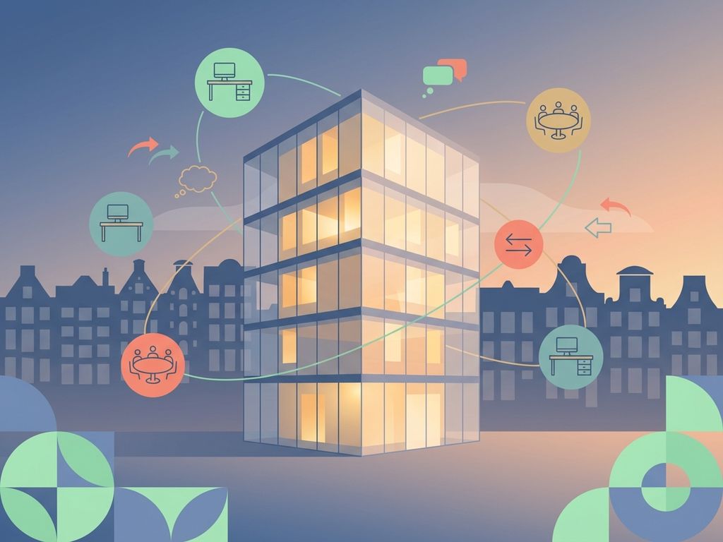 Modern glazen kantoorgebouw met warme verlichting tegen Amsterdam grachtenhuizen silhouet bij zonsondergang