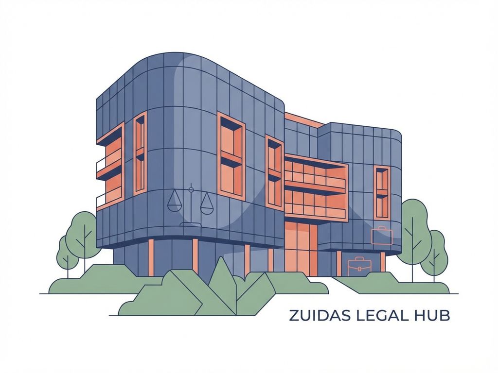 Modern glazen kantoorgebouw in Amsterdam Zuidas met juridische symbolen, navy blauwe gevel en groene landschapsarchitectuur