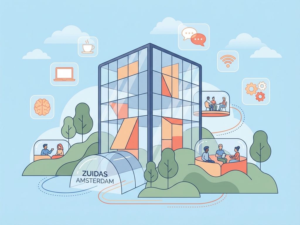 Modern glazen kantoorgebouw in Amsterdam Zuidas met flexibele werkruimte-iconen en startup dynamicen in navy, koraal en groen