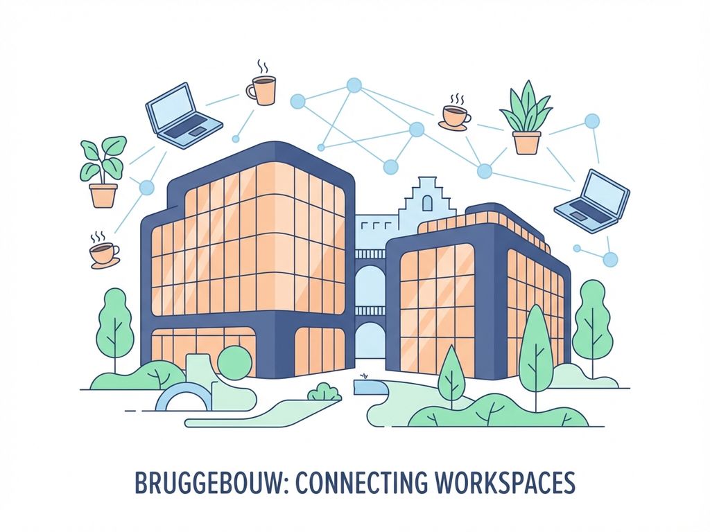 Modern kantoorgebouw met glazen ramen, laptops en koffiemokken in navy, perzik en mint kleuren op witte achtergrond