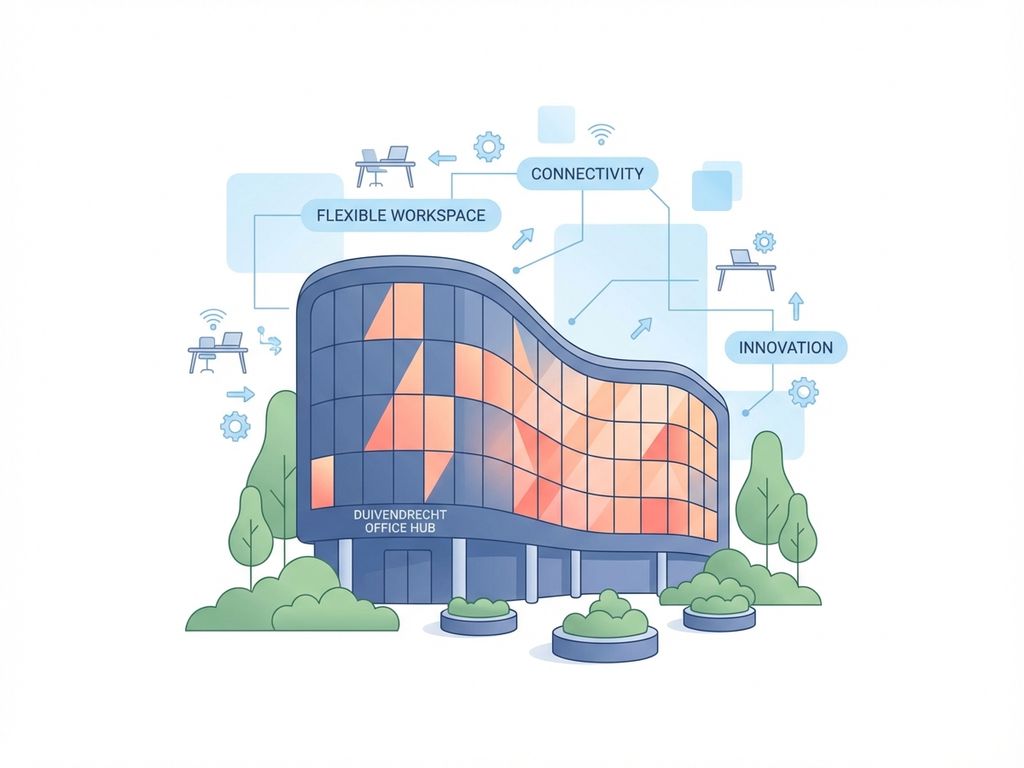 Modern glazen kantoorgebouw in Duivendrecht met werkplek iconen, marineblauw met perzik accenten en groene landschapsdynamicen