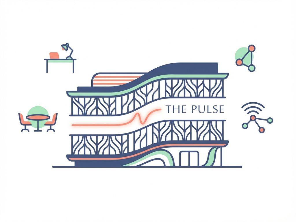 Modern kantoorgebouw met geometrische patronen, werkruimte-iconen en navy-coral kleuraccenten in minimalistische stijl