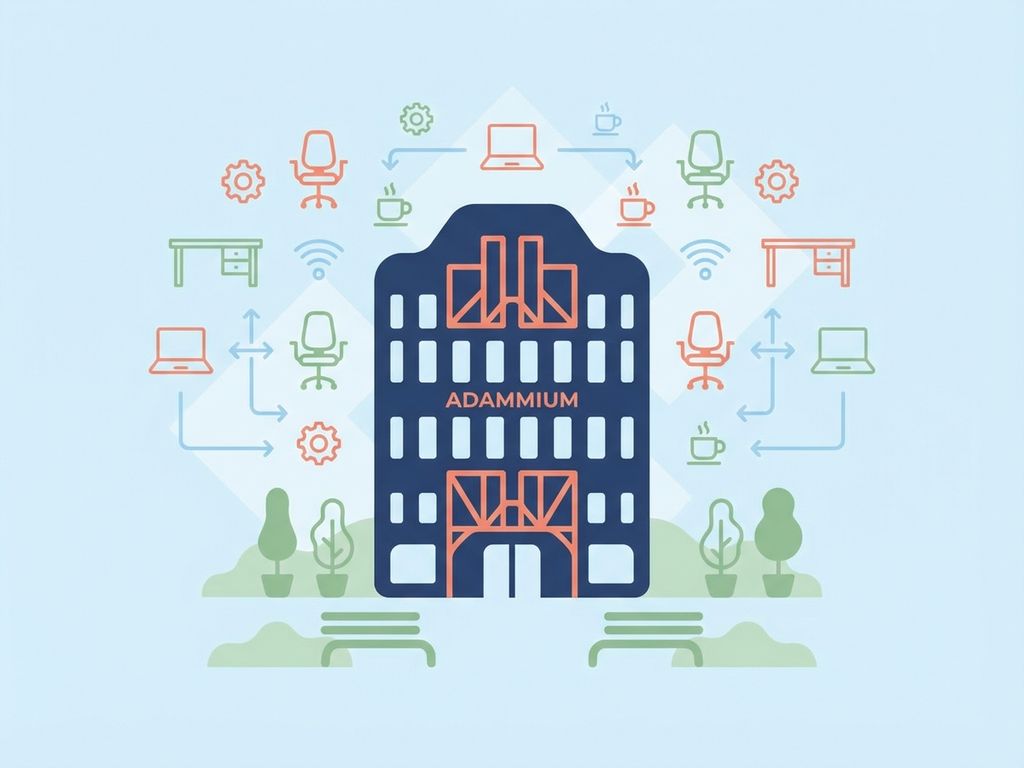 Modern kantoorgebouw met zwevende werkplek iconen, navy blauw met koraal accenten, flexibele office oplossingen