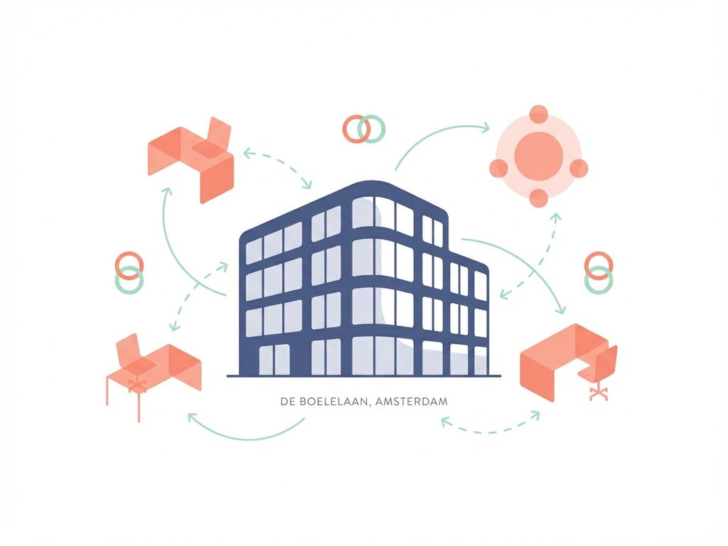 Modern kantoorgebouw silhouet met geometrische werkplek dynamicen in navy, koraal en mint op witte achtergrond