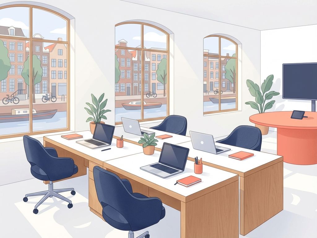 Modern kantoor met drie werkplekken, ergonomische stoelen en grote ramen met uitzicht op Amsterdamse grachten