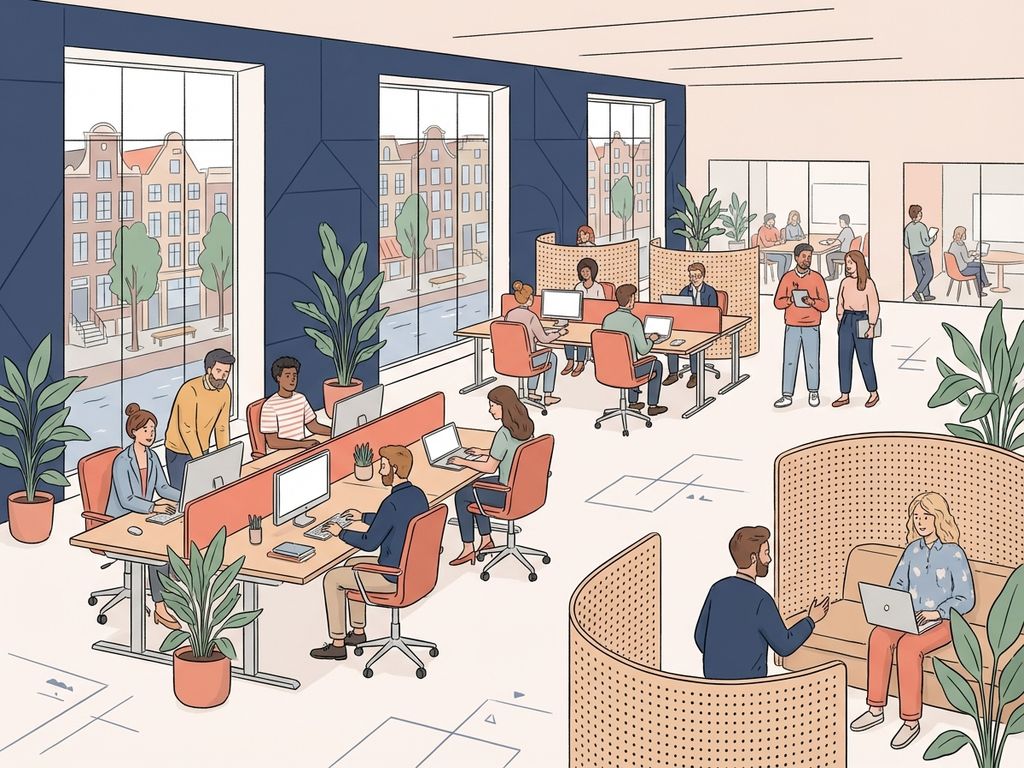 Moderne kantoorruimte voor 15 personen in Amsterdam met ergonomisch meubilair, open indeling en karakteristieke architectuur
