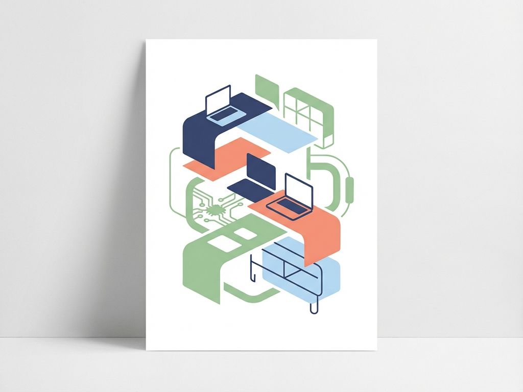 Moderne minimalistische illustratie van verbonden werkplek dynamicen in navy, koraal en groen op witte achtergrond