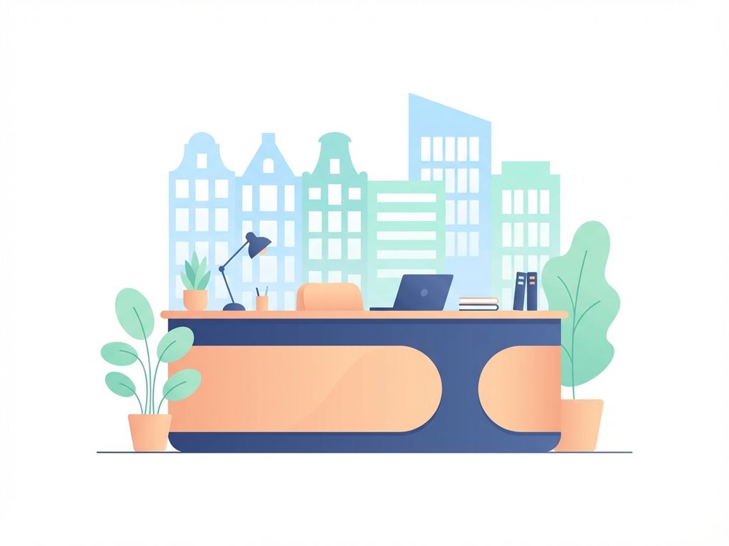 Moderne receptiebalie met gebogen randen in marineblauw met perzik accenten, kantoorgebouwen en groene planten op achtergrond