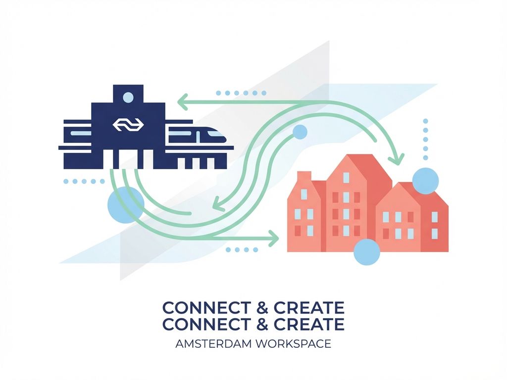 Moderne minimalistische illustratie van treinstation met kantoorgebouwen, verbonden door vloeiende lijnen in navy, koraal en mint