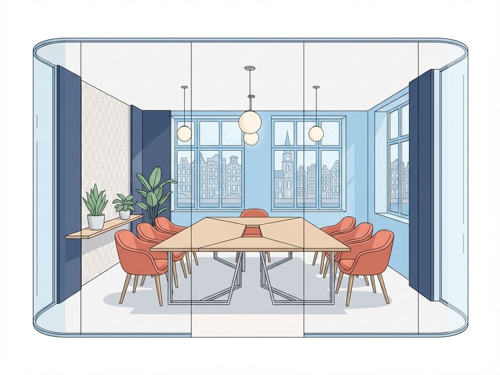 Moderne vergaderruimte met glazen wanden, ergonomische stoelen en stadsgezicht door grote ramen in Amsterdam stijl