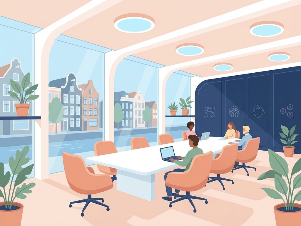 Moderne vergaderruimte met glazen wanden en eigentijds meubilair in Amsterdam kantoor met marineblauwe accenten