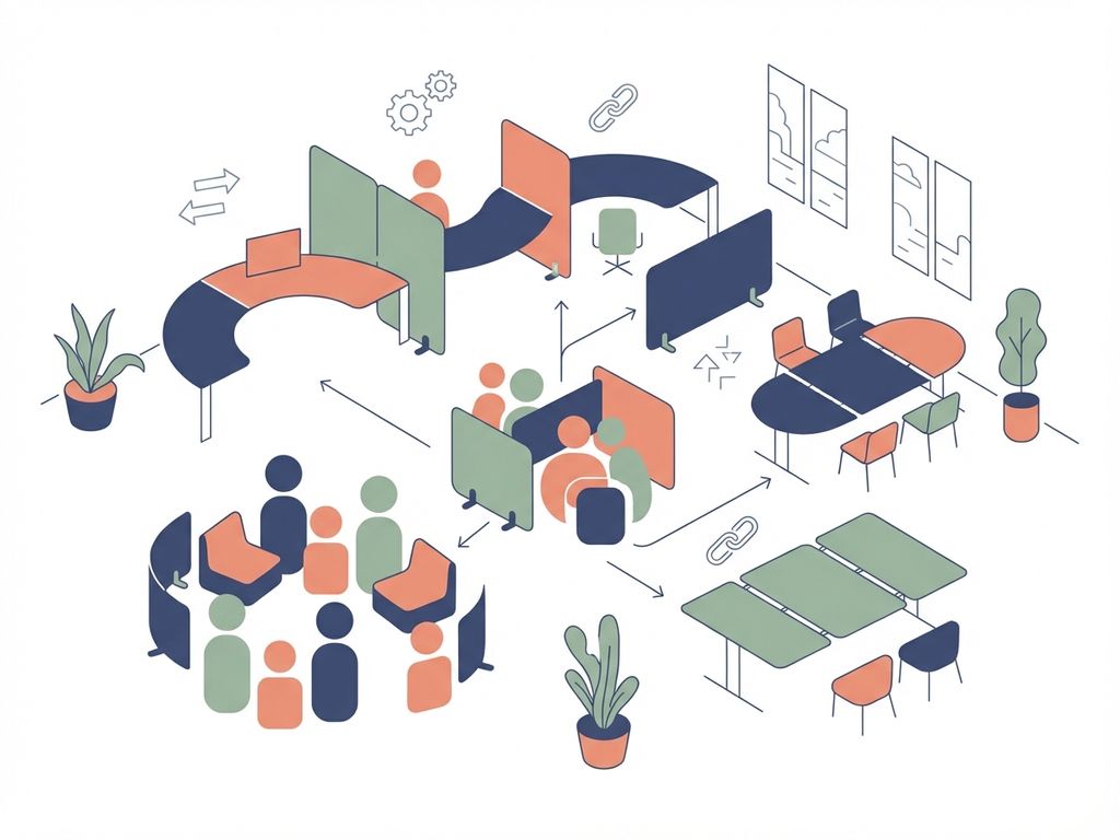 Modulaire kantoorruimte met verstelbare bureaus, verplaatsbare scheidingswanden en flexibele zitplaatsen in moderne stijl