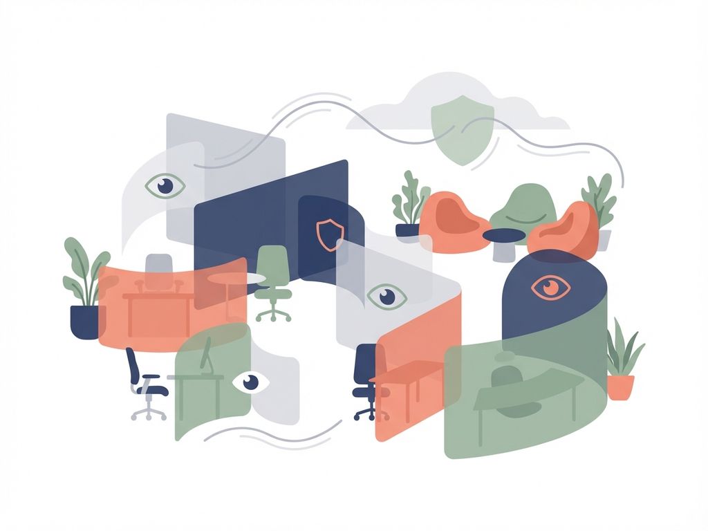 Moderne illustratie van flexibele werkruimte met privacy-dynamicen, schermen en veilige verbindingssymbolen in navy, koraal en groen