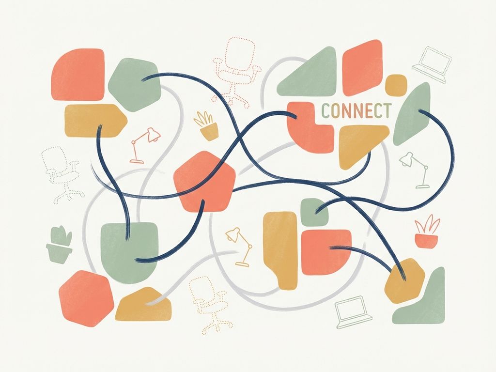 Moderne illustratie van onderling verbonden geometrische netwerkknooppunten in marineblauw met koraalkleurige accenten op witte achtergrond