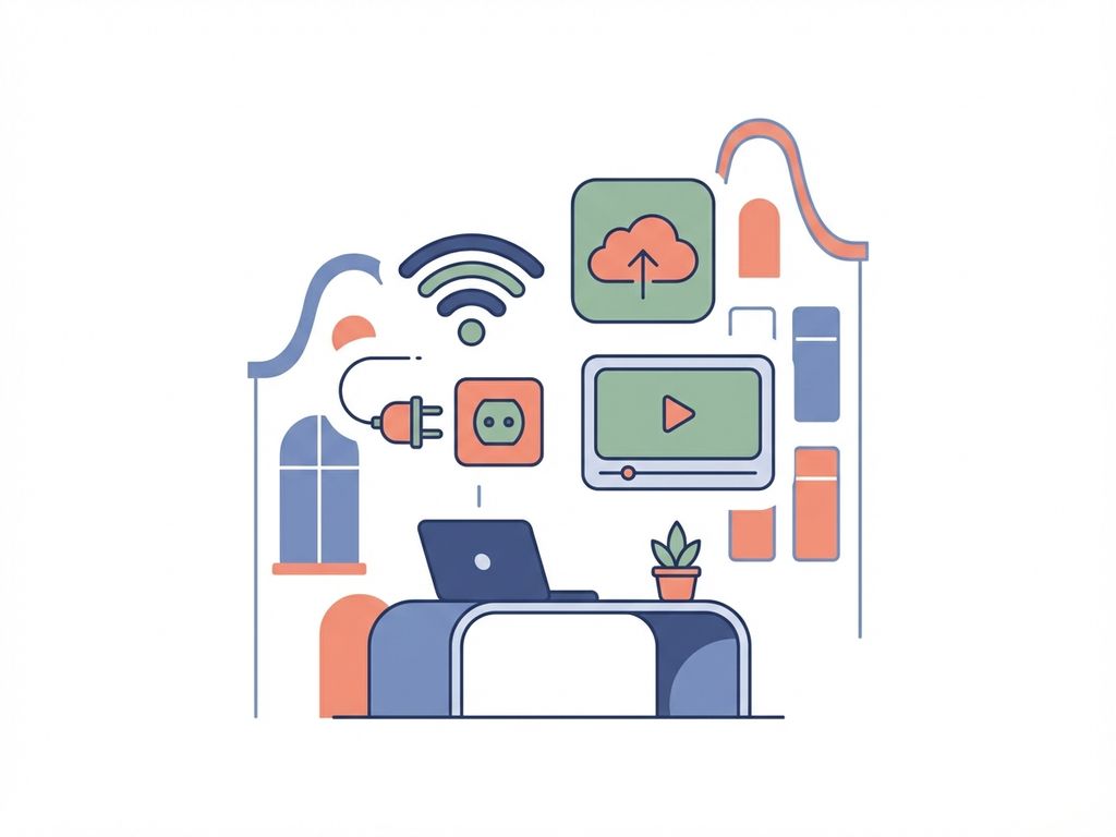 Moderne minimalistische werkruimte illustratie met zwevende Wi-Fi, cloud en digitale iconen in navy, koraal en sage tinten