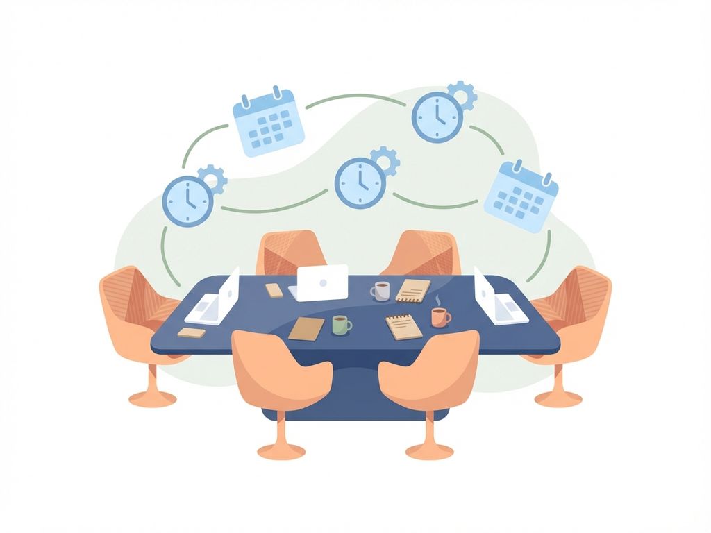 Moderne vergadertafel met stoelen in cirkel, zwevende kalender- en klokiconen verbonden door lijnen voor planning