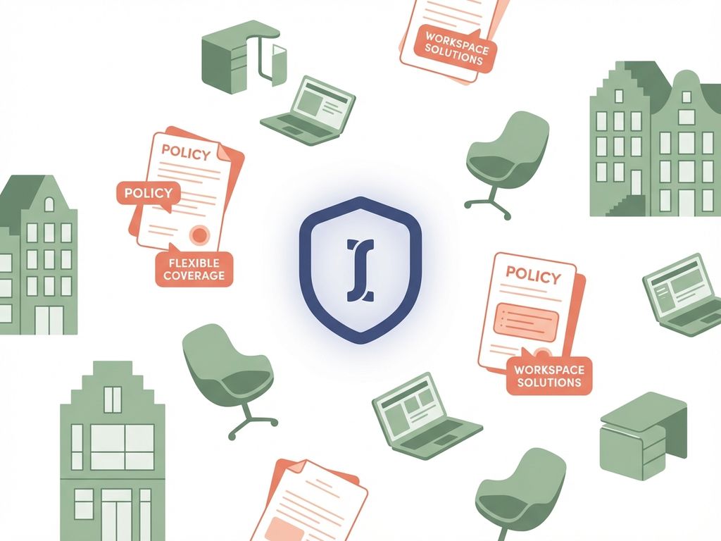 Beschermingsschild omringd door verzekeringsdocumenten, laptops en bureaustoelen in moderne werkruimte illustratie