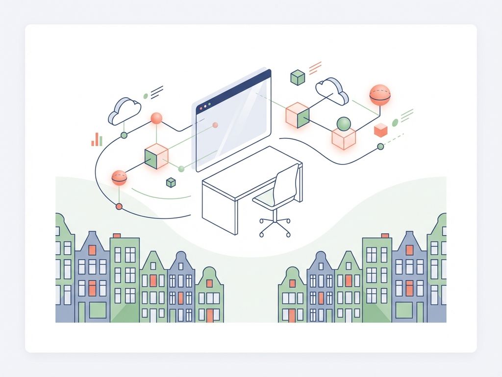 Moderne virtuele kantoorruimte illustratie met zwevende geometrische dynamicen in marineblauw, koraal en salie tinten