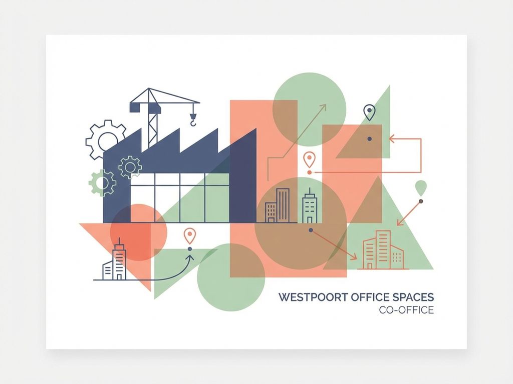 Moderne industriële gebouw silhouet voor Westpoort kantoorruimtes met geometrische vormen in navy, koraal en groen