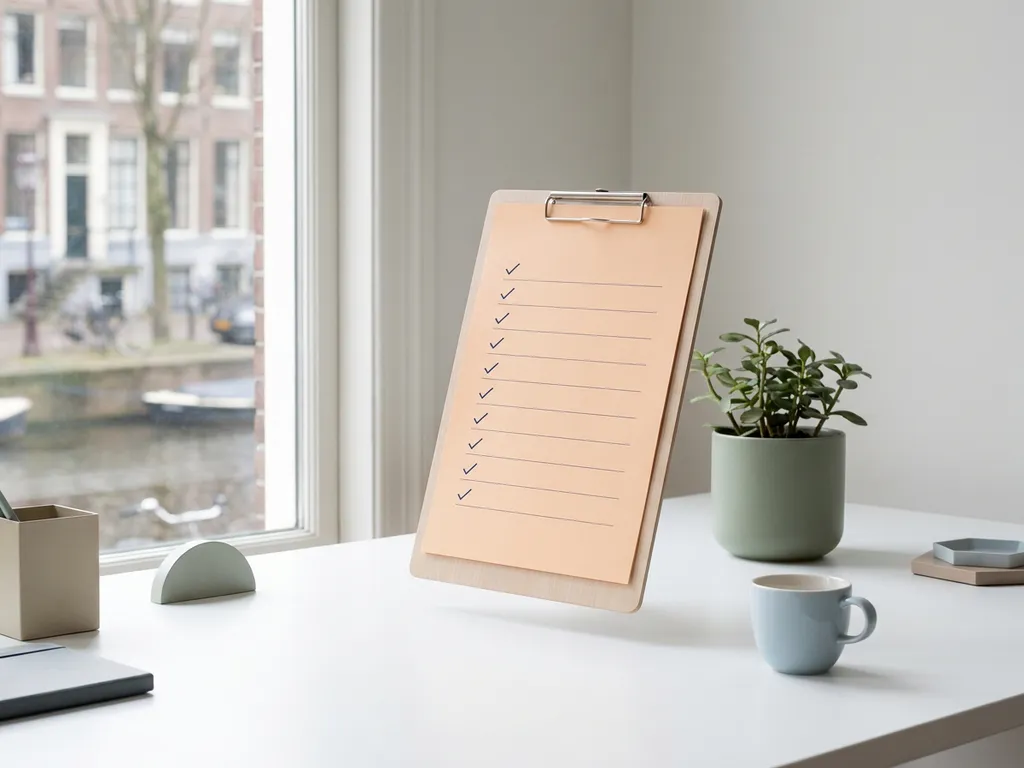 Klembord met elf minimalistische checkboxes boven moderne witte bureau, met sage groene plant en lichtblauwe koffiemok