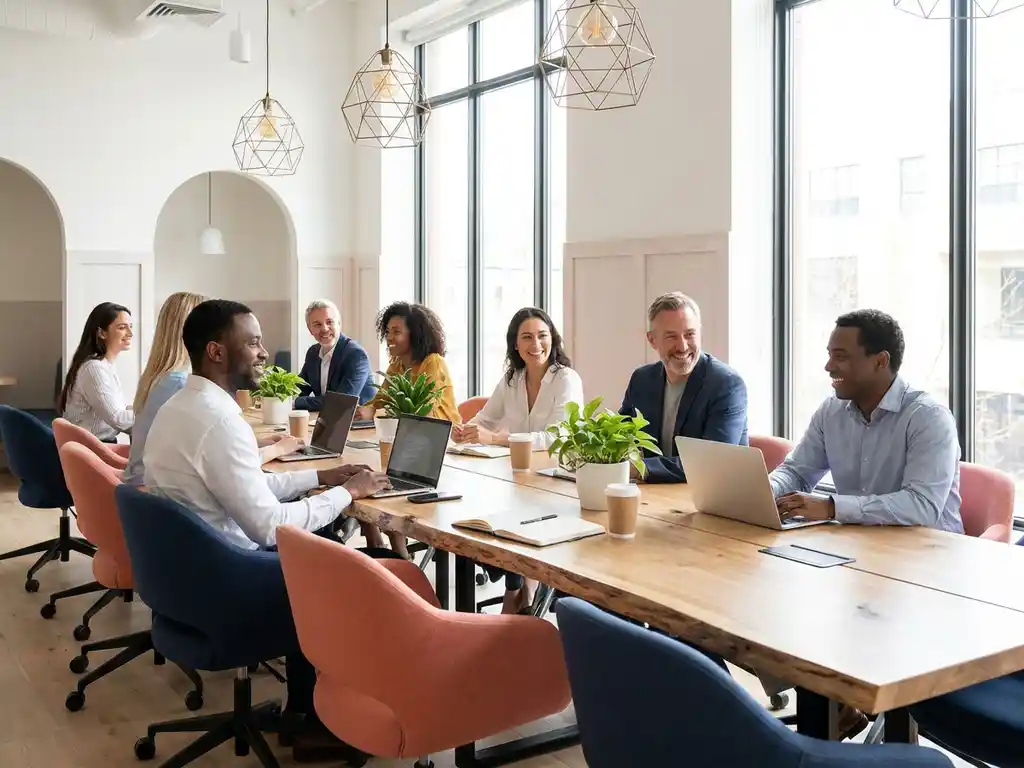 Diverse professionals samenwerken rond houten tafel in lichte coworking ruimte met laptops, planten en moderne stoelen